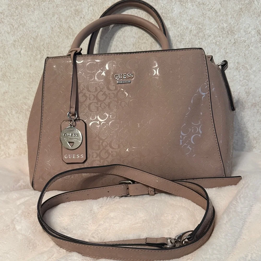 GUESS Beige Satchel Bag with crossbody strap.